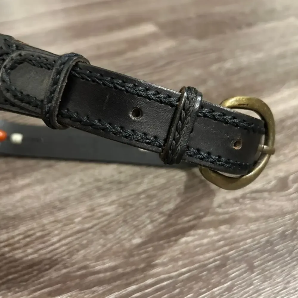 Vintage L.L.Bean Black Leather Beaded Belt Sz L Brass Buckle Western Boho Unisex